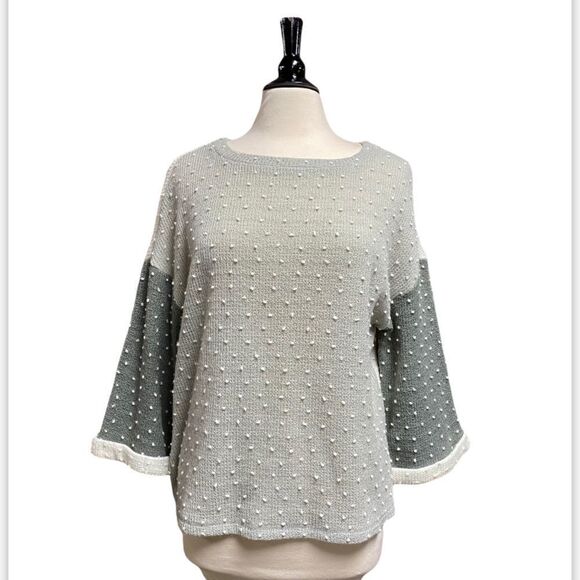 Blu Pepper Sage & Cream 3/4 Bell Sleeve Lightweight Sweater - Picture 1 of 6